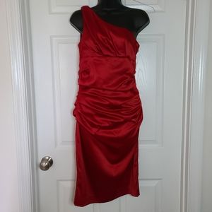 One-shoulder ruched cherry red cocktail dress